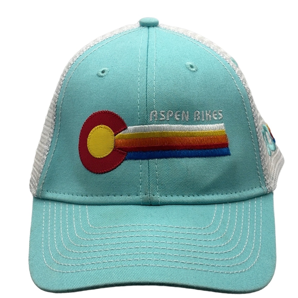 Aspen Bikes Trucker Hat Turquoise White Mesh Snapback Colorado Flag Logo Ouray